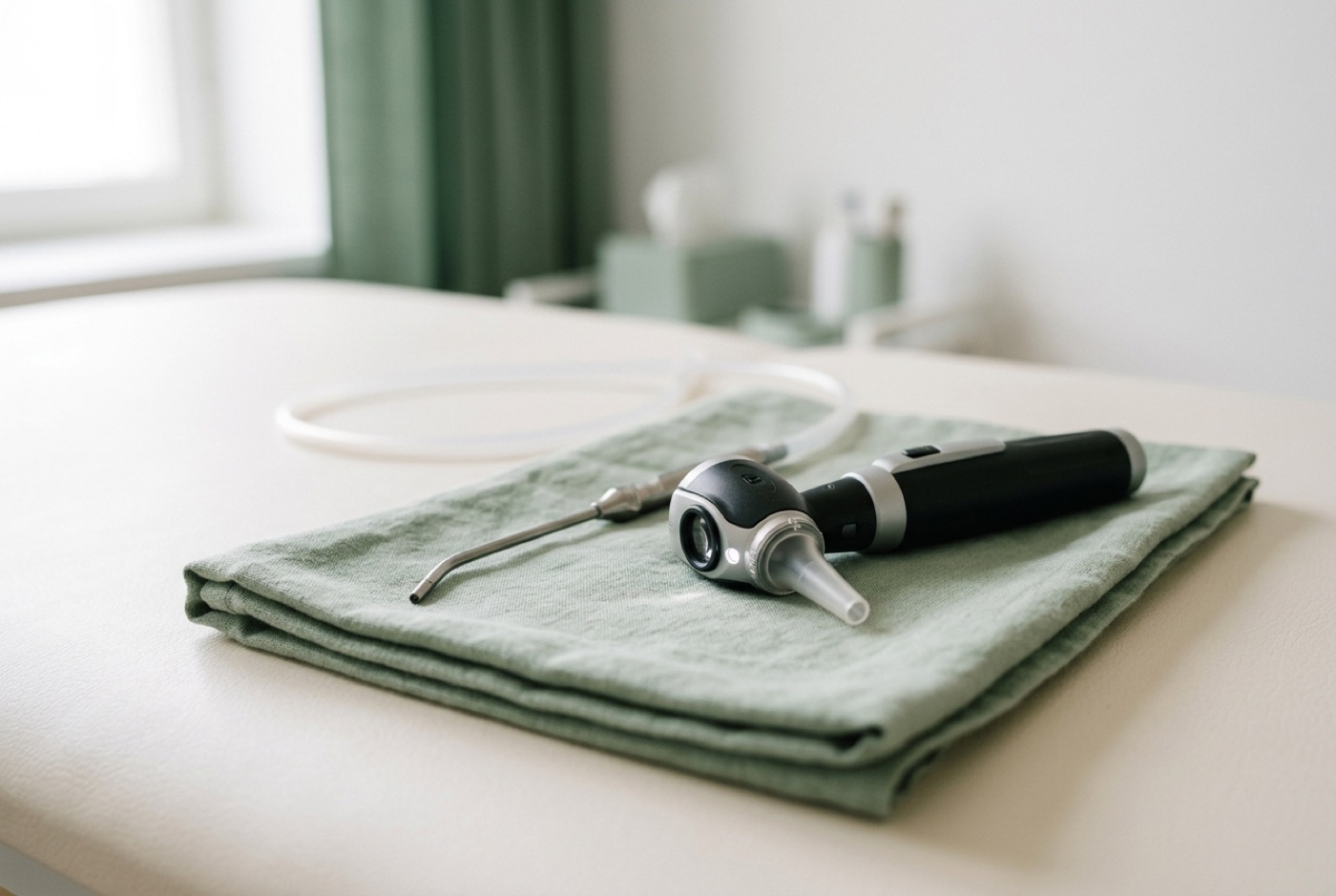 Otoscope and fine suction wand laid out on a dusty rose cloth in the consultation room