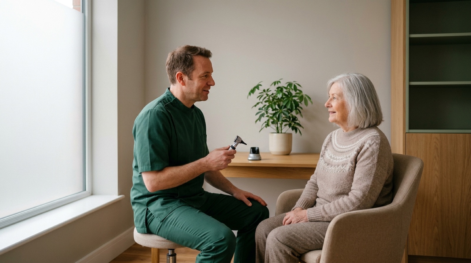 Pharmacist gently examining an older patient's ear in a calm consultation room