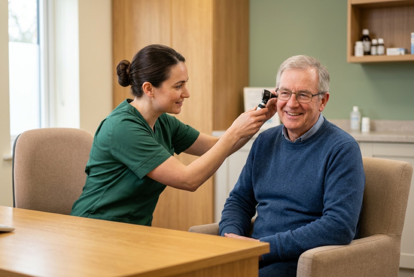 Clinician examining the ear of a smiling man in his sixties with an otoscope