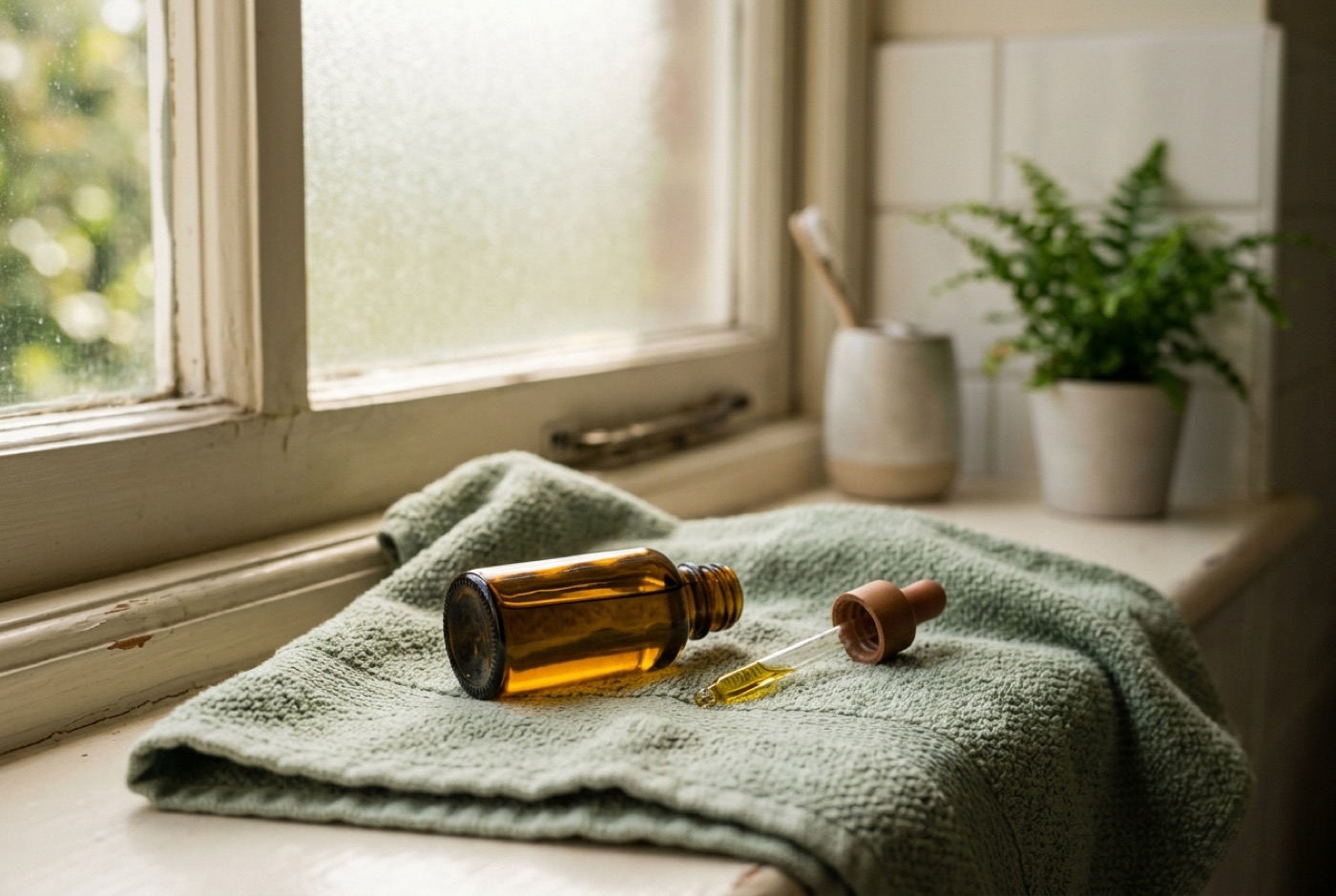 Plain glass dropper bottle of olive oil on a rose towel by a bathroom window