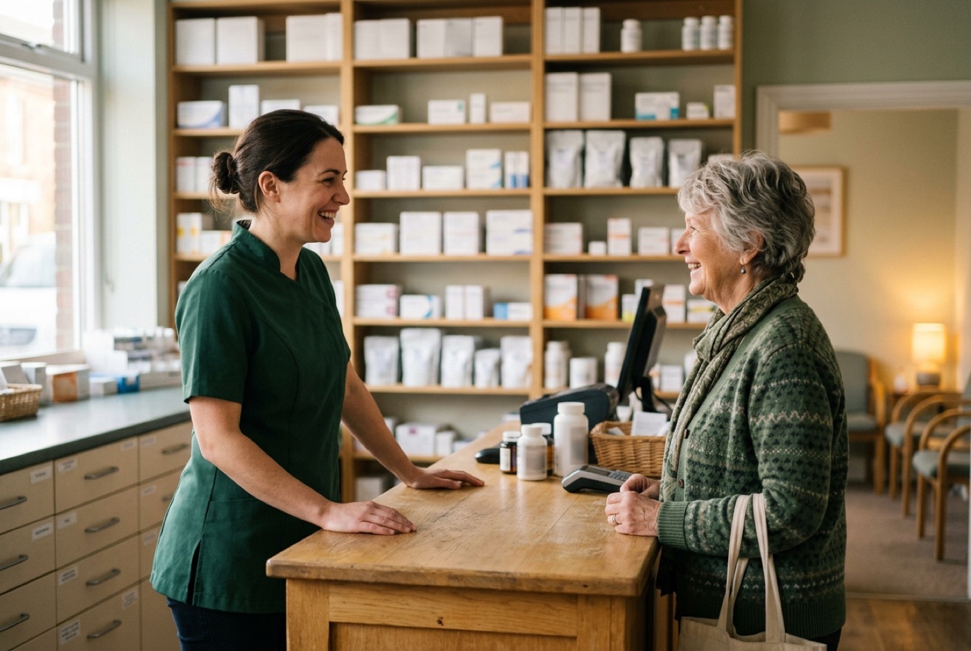 Pharmacist in a burgundy tunic chatting with an older customer across the pharmacy counter